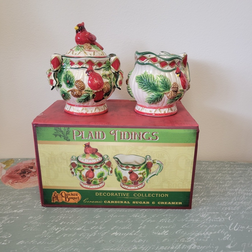Cracker Barrel Cardinals Sugar & Creamer Set Plaid Tidings‎ Birds Christmas VTG